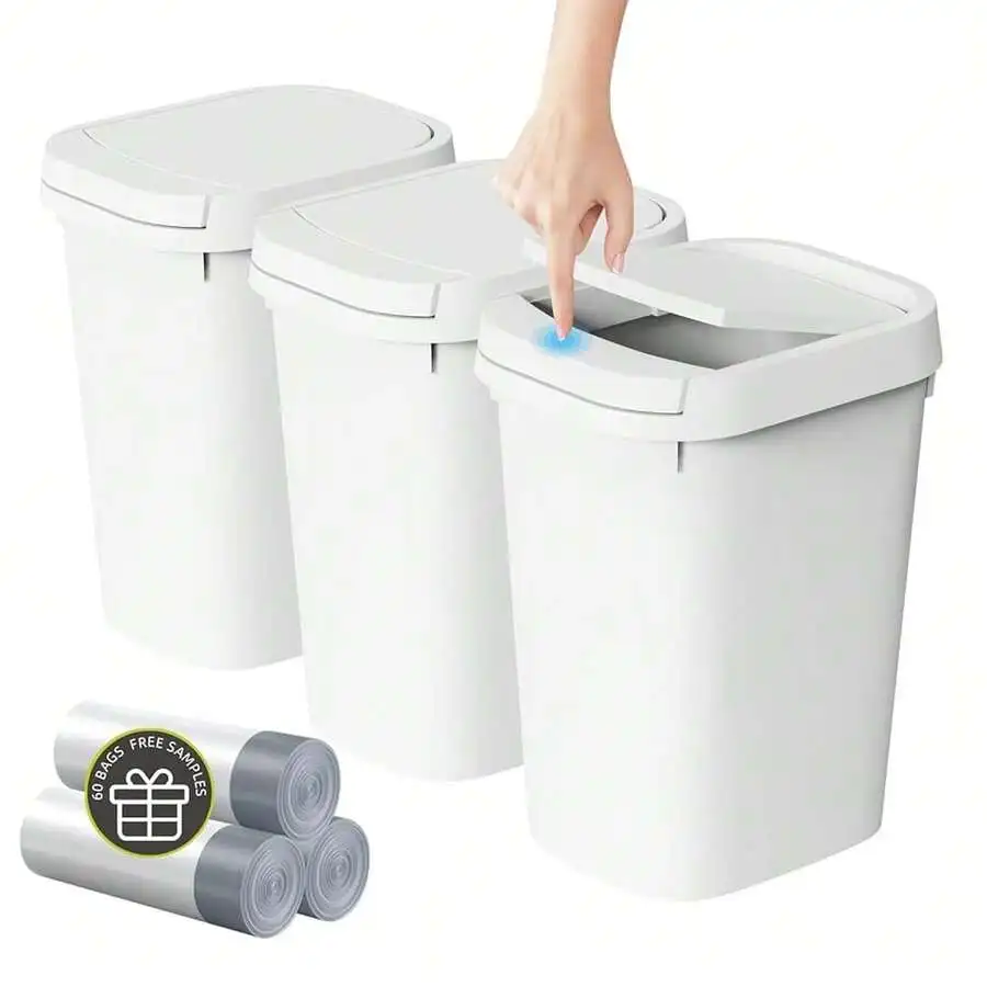 

3 Pack 10L Slim Touch Lid Trash Can For Bathroom Kitchen Office White