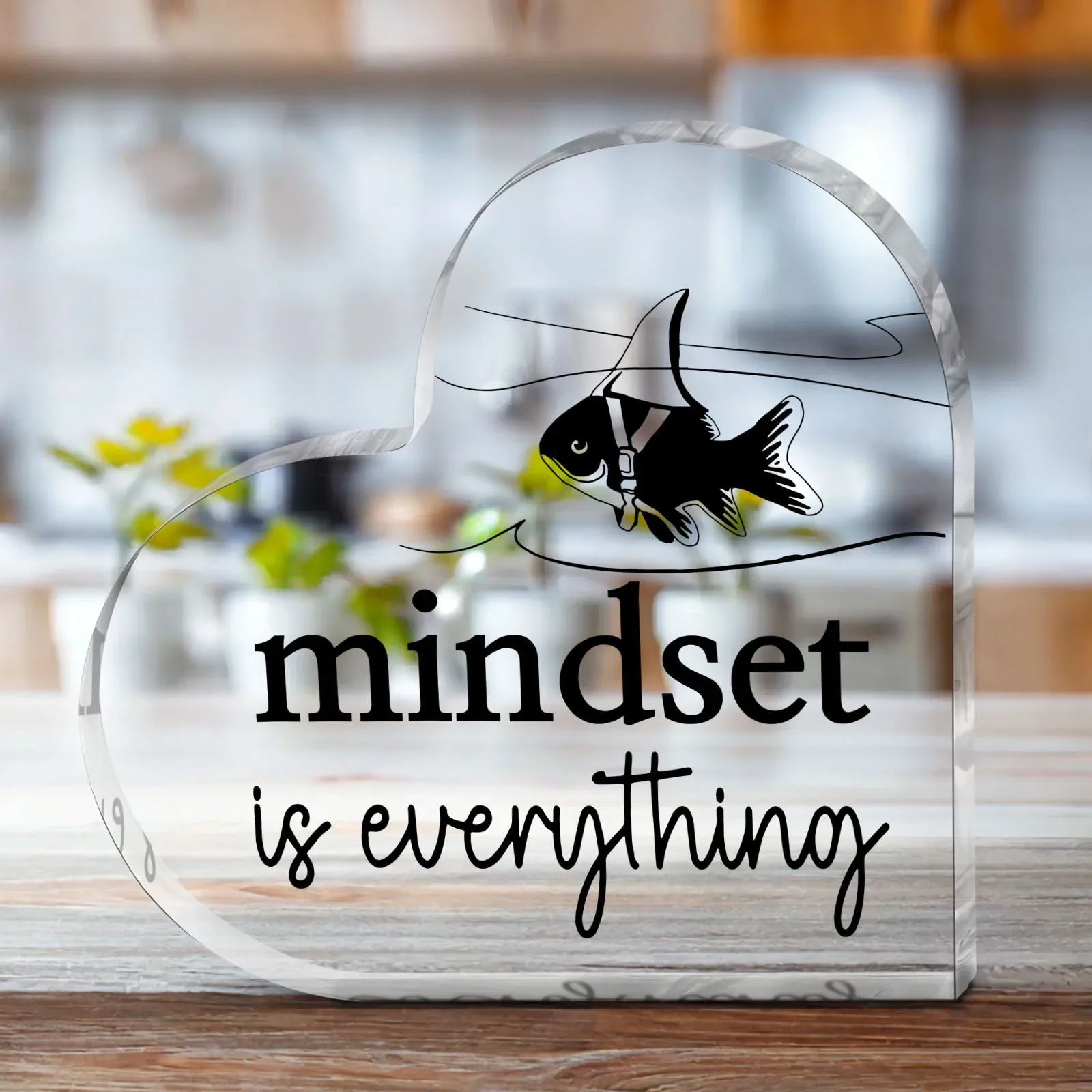 Mindset Is Everything Shark Fish Heart‑Shaped Acrylic Plaque, Inspirational Tabletop Decor