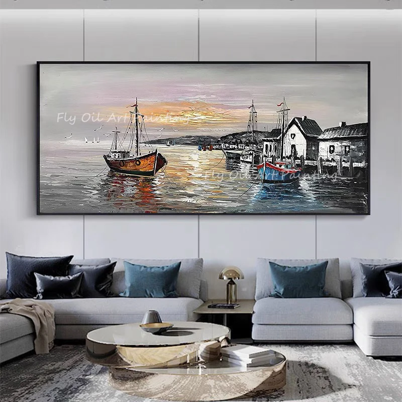 

Ocean seaside with sailboat scenery artwork on Canvas Handpainted oil Painting Art Wall Pictures For Living Room Home Decor