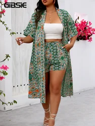 GIBSIE Plus Size Summer Two Piece Set For Women Vacation Long Kimono Cardigan with Shorts Beach Style Boho Print Outfit Sets