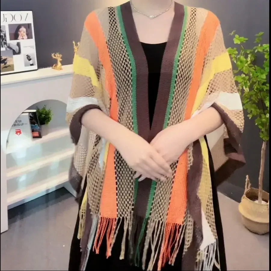 Beach Cape Hollowed Out Knitted Shawl Summer Rainbow Stripe Fashion Travel Jacket Breathable and Versatile Sunscreen Coat