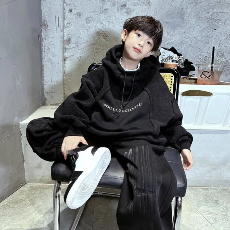 

Winter Warm Fashion Kid Cotton Boys 2pcs Set Plus Velvet Letter Thick Letter Coat Jacket Pants Pullovers Sports Streetwear Suits