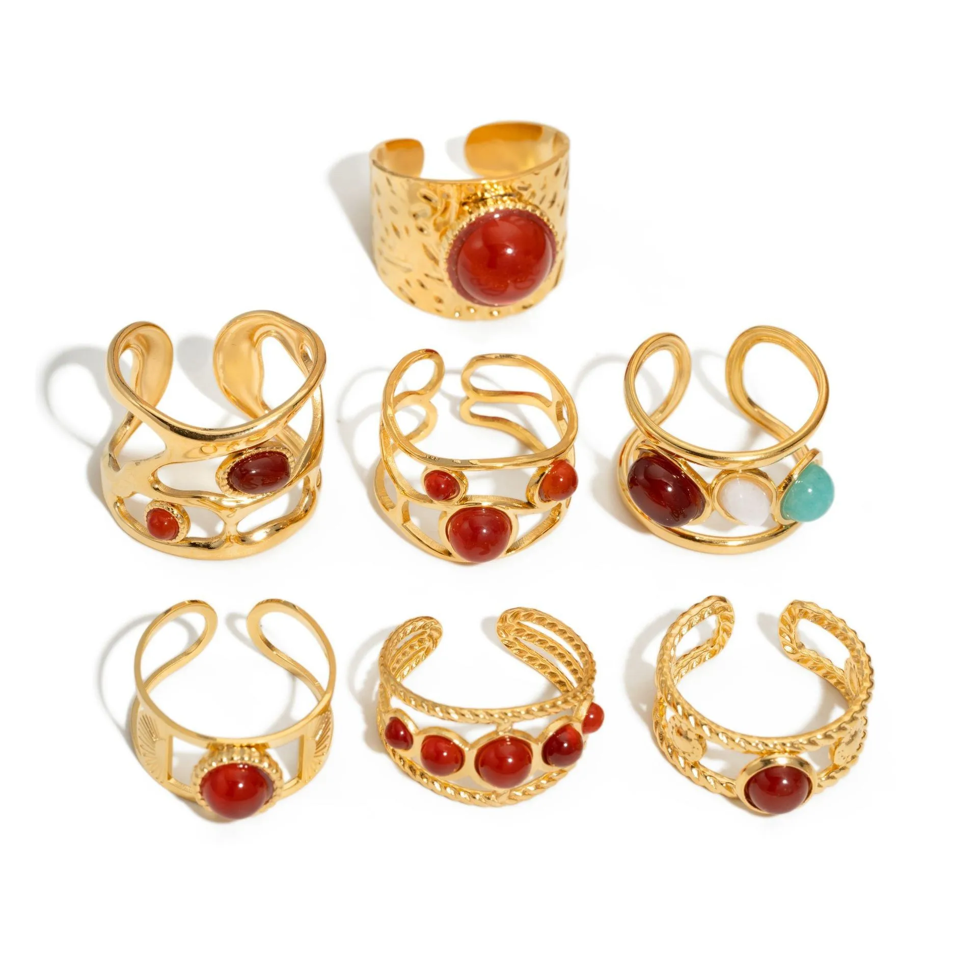

French Vintage Gold Plated Rings 3 pcs/ pack natural Stone Hollow Carving Romance Jewelry for Wine Toasting & Midsummer Ball