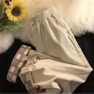 Women Casual Plaid Hemming Corduroy Pants 4Xl Oversize Harajuku Retro High Waist Straight Trousers Lady Drawstring Korean Pants