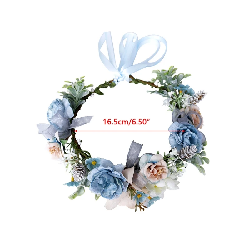 Blue Flower Hair Wreath Headband with Adjustable Ribbon Festivals Wedding Party Headpiece for Women Girl