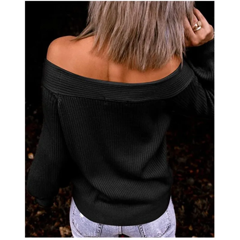 Women's Pullovers Off Shoulder Loose Autumn Winter One Neck Solid Color Knitted Sweater Autumn Winter Simple Street Clothing