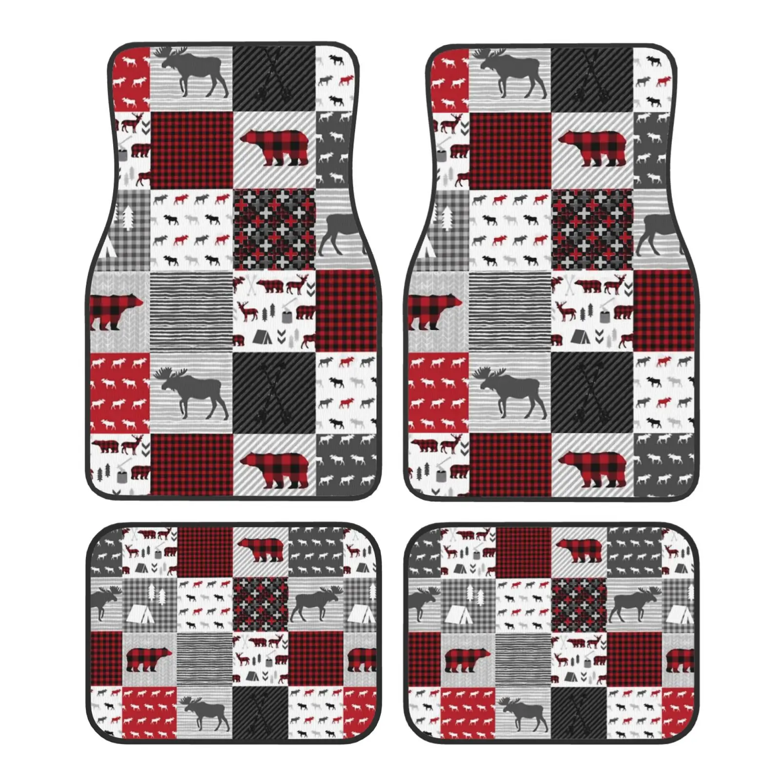 Bear Deer Checkered Pattern Car Floor Mats Non-Slip Carpets Rugs Front & Rear Car Foot Mats Set of 4 Pcs Auto Accessories Decor