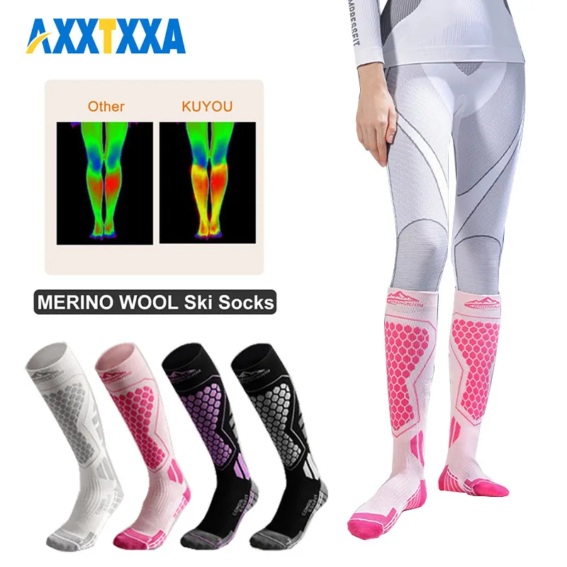 AXXTXXA 1 Pair Ski Socks Wool Thermal Knee High Winter Snowboard Sport Socks Men Women