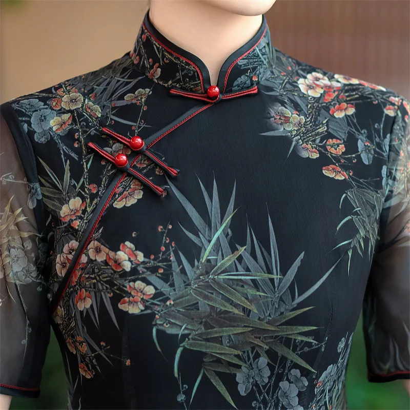 

Большой размер с черным принтом и цветком Ao Dai Qipao, лето-весна, новые китайские платья Cheongsam, винтажные Qipao с воротником-стойкой 3Xl 4Xl