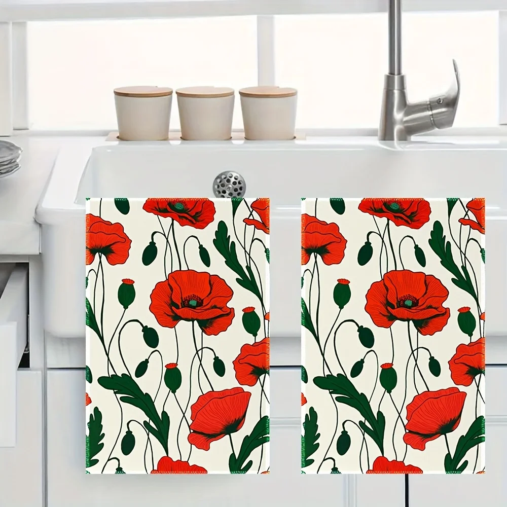 2Pcs, Fiery Red Poppy Kitchen Towels, 40Cm*60Cm Towel Set, Super Absorbent Soft Cleaning Cloth, Cooking and Baking Tea Towel, Hand Towel, Cleaning Cloth, Dishcloth, Kitchen Decoration, Living Room Decorations, Kitchen Essentials, Home Essentials