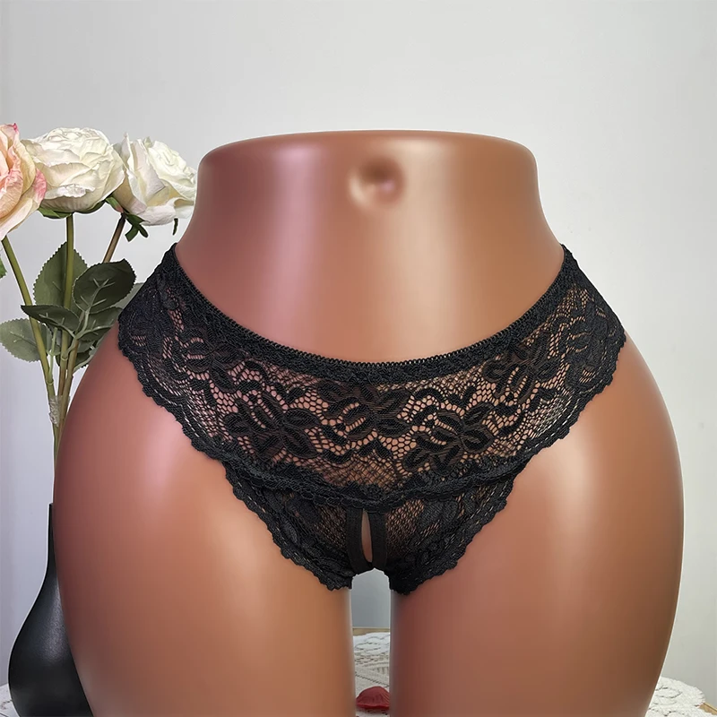 Black Lace Open Crotch Sexy Women's Hollow Out Female Lingerie Transparent Crotchless Panties  Underwear Erotic Costumes