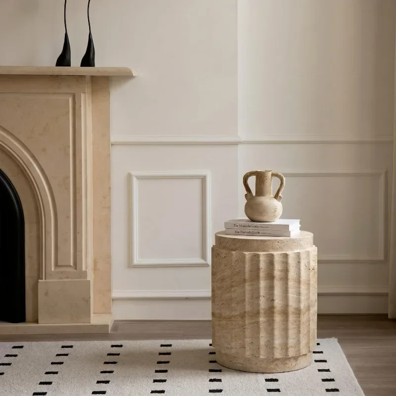 Rustic Vertical Fluted Imitation Travertine Cylinder Side Stool Texture Drum Shape Low Entryway Minimalist Decor End Table