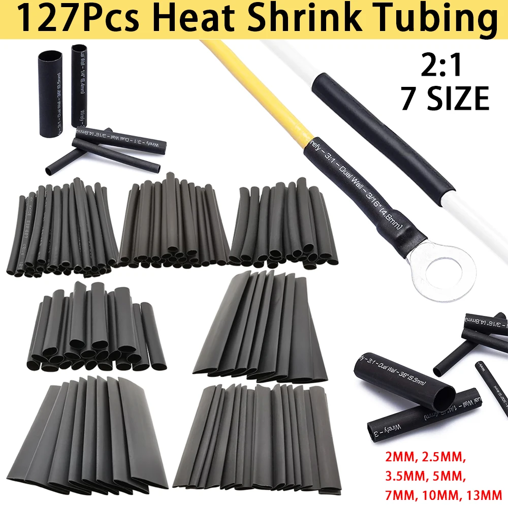 127Pcs/Lot Black 2:1 Heat shrink Thermoresistant Tube Car Shrinking Tubing Electrical Wire Wrap Sleeve Cable Insulation Sleeving