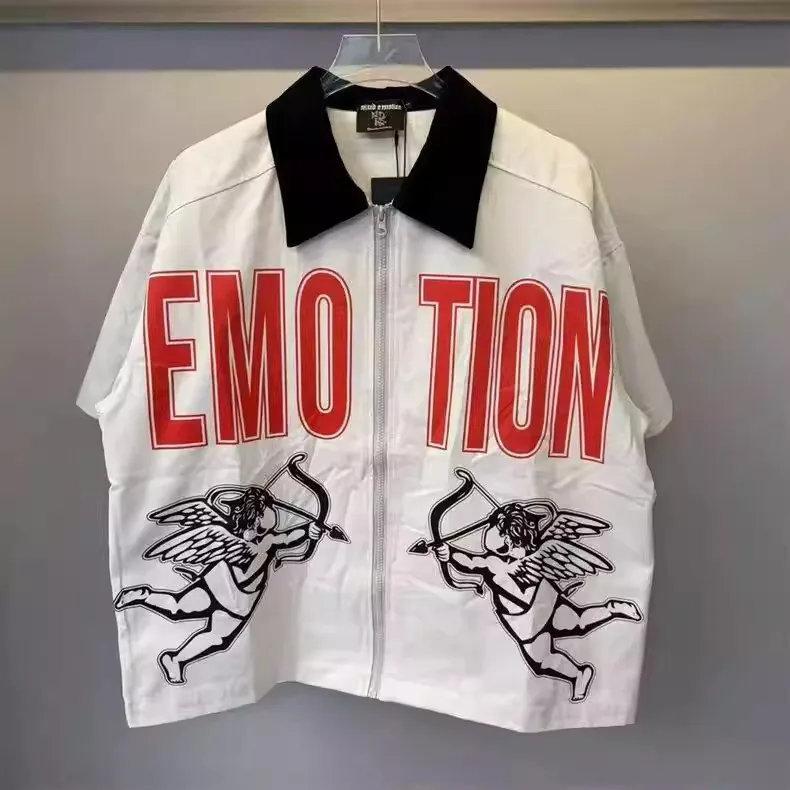 

Summer Large Size 300 Pounds American Retro Letter Print Short Sleeve Zipper Men's Shirt Design Sensation Casual Fashion