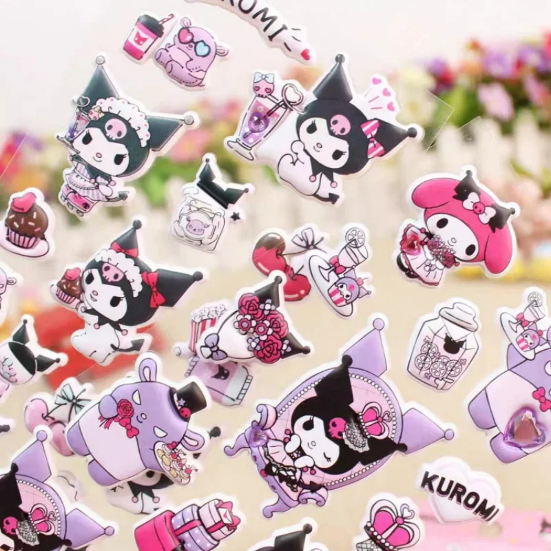 سانريو الكرتون لطيف Kuromi ثلاثية الأبعاد منتفخ ملصقات ماجيك الصليب خلع الملابس ملصق لغز لعبة ملصق مائي سجل القصاصات الهاتف القرطاسية الديكور
