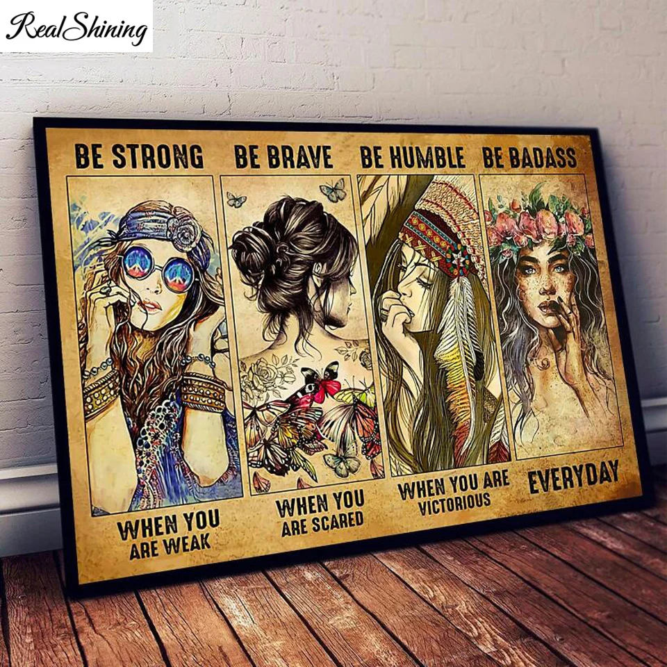 Hippie Girl Be Strong Be Brave Be Humble Be Badass Everyday Diy Diamond Painting Full 5d Diamond Mosaic Home Decor T1715