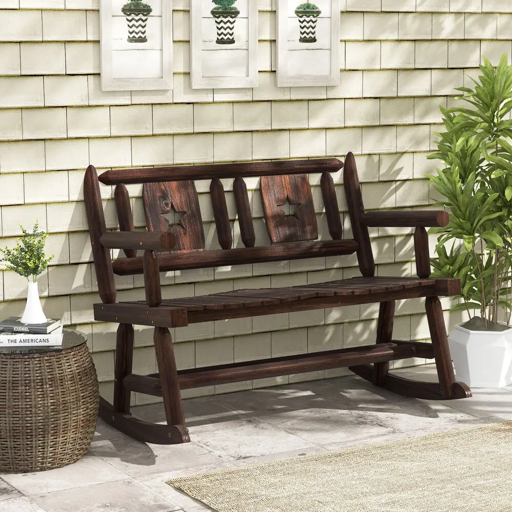 Patio Rocking Bench Carbonized Wood Double Rocker Chair w/ Ergonomic Seat