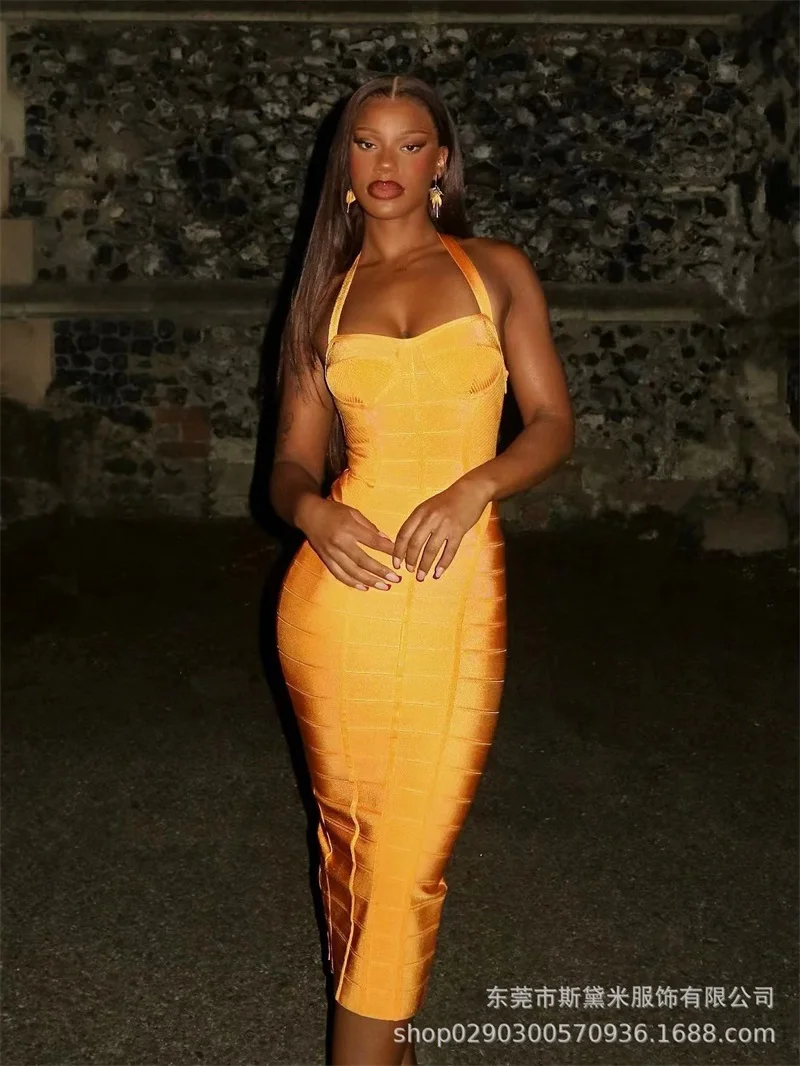 

Bright Yellow Women's Prom Dress Sexy Halter Sleeveless Backless Ankle Length Party Gown Beach Holiday Robe
