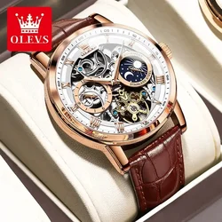 OLEVS New Skeleton Watch for Men Tourbillon Moon Phase Dial Leather Strap Waterproof Luminous Automatic Mechanical Watch Hombre