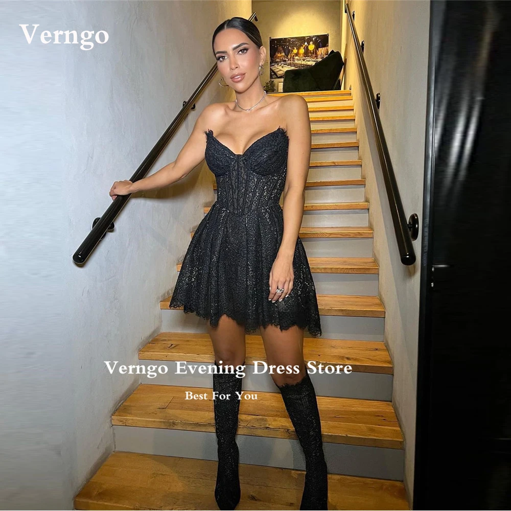 

Verngo Sexy Black Full Lace Short Prom Party Dresses Corset Boning Fitted Mini Saudi Arabic Women Evening Gowns Robe de soiree