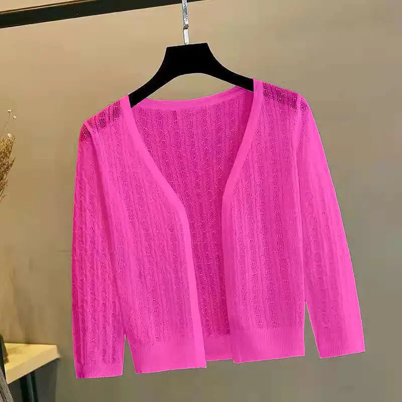 2024 Summer Shawl Ultra Thin Cardigan Short Knitted Shirt Hollow Ice Silk Women's Sunscreen Clothing