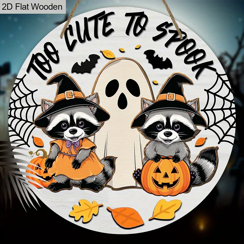 2D Flat - A Flat, Two-Dimensional Wooden Sign Measuring 7.87 Inches Featuring a Cute Raccoon And Ghost Design - Perfect Decorati