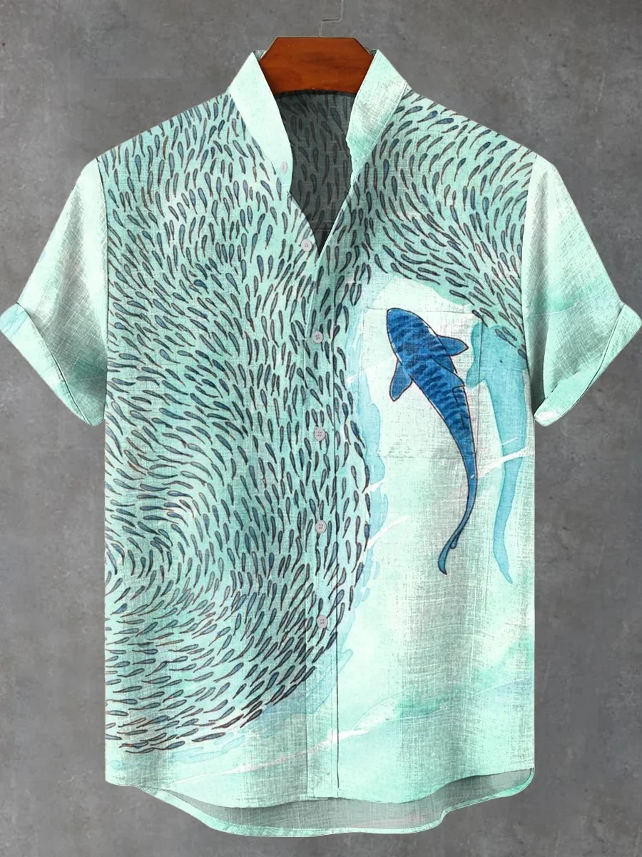 New men's summer 2025 retro fish pattern art shirt, casual linen short-sleeved, comfortable shirt for fishing enthusiasts - Image 5