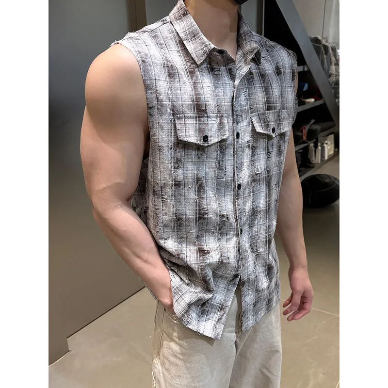 Sleeveless shirt men Trendy Men Plaid Shirt 2025 Summer Fashion Checkered Streetwear Hot Sale Breathable Casual Top Comfortable