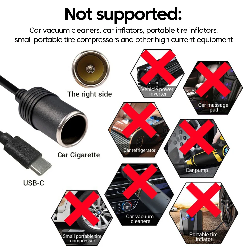 Elough Type-C to Cigarette Lighter Female Socket 5V 9V 12V 15V 20V Adjustable Voltage Converter Power Adapter PD Cable Extender