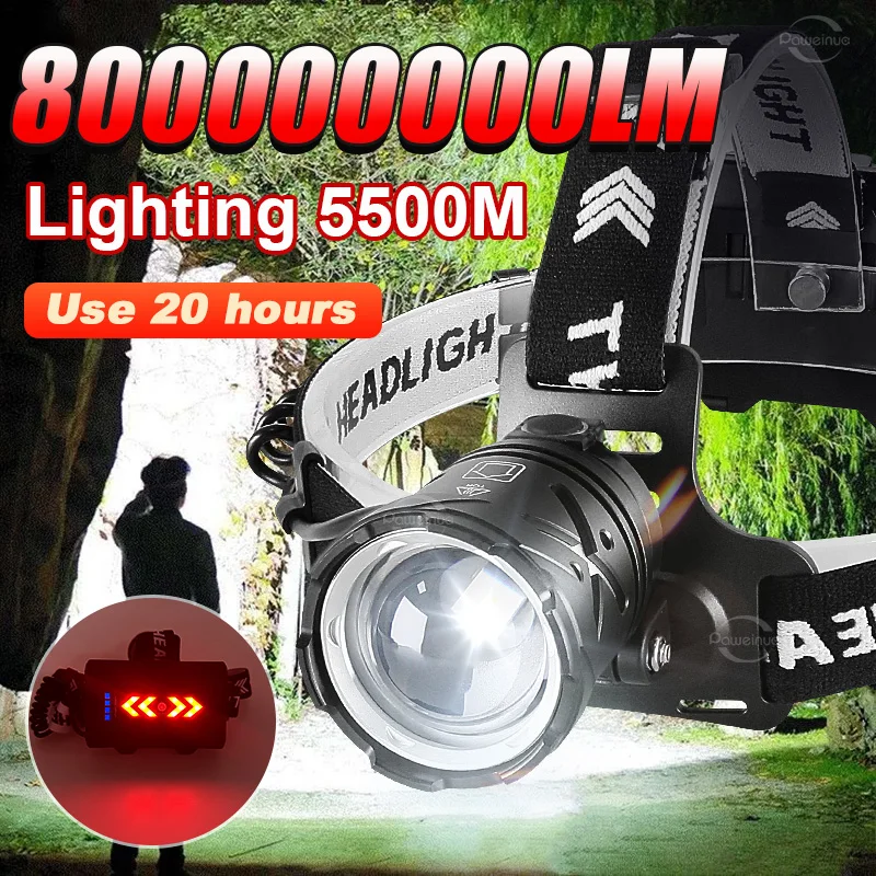 

Сверхмощный налобный фонарь 800000000LM, перезаряжаемый светодиодный передний фонарь, водонепроницаемый, для рыбалки, с большим радиусом действия