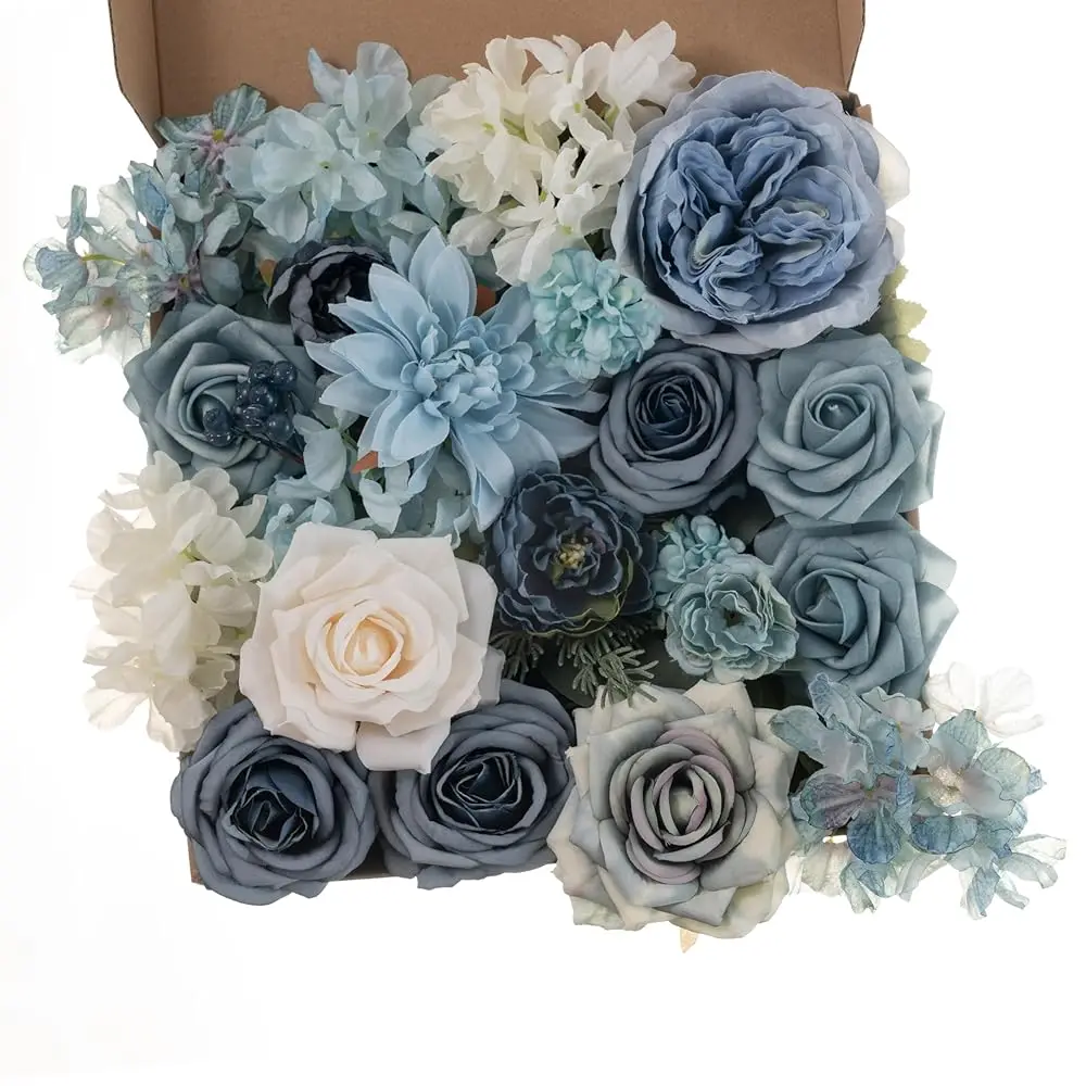 

Набор искусственных цветов в коробке: пыльно-голубые цветы для свадебных букетов, композиций, декора для девичника и домашнего интерьера
