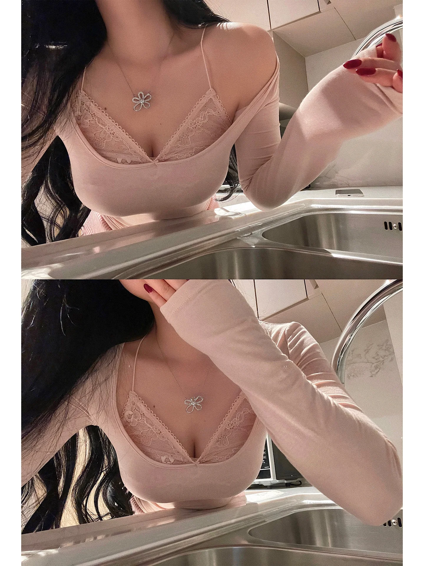 YoungGirlDay Sexy Lace Splice Long Sleeve T-Shirt Base Layer Top Women's Daily Wear Pure Desire Atmosphere Sensual Fake Two-P...