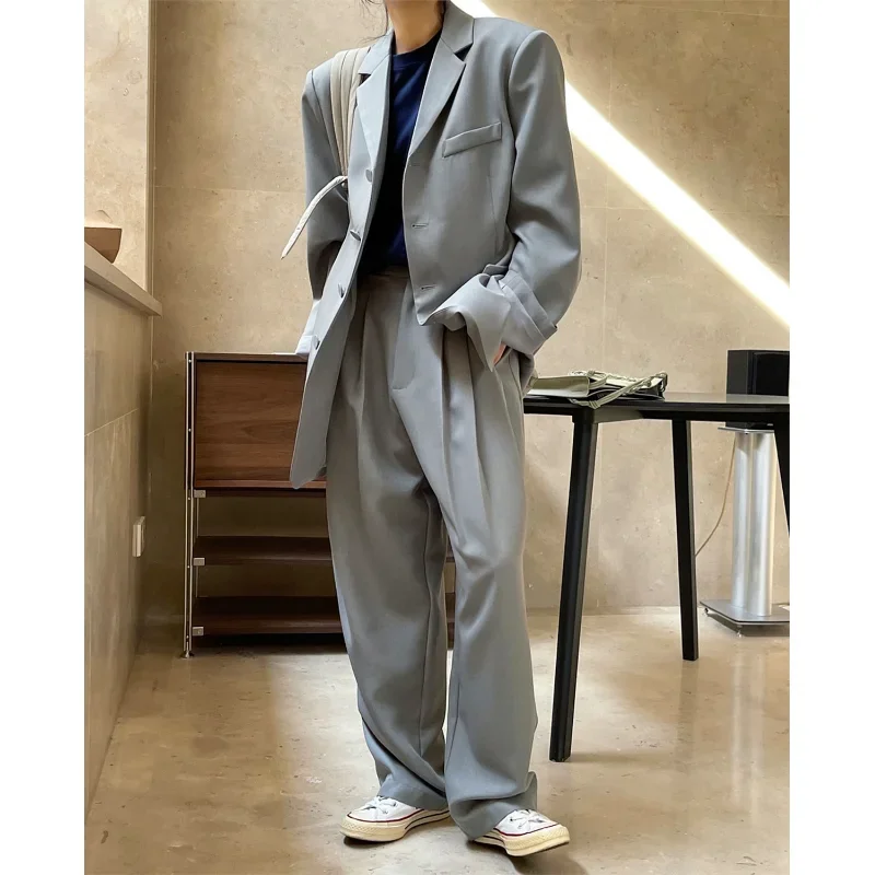 

Women Spring Tapered Wide-leg Tailored Trousers Korean Fashion High Waist Loose Draping Clothes Look Slim Casual Pants Grey OL