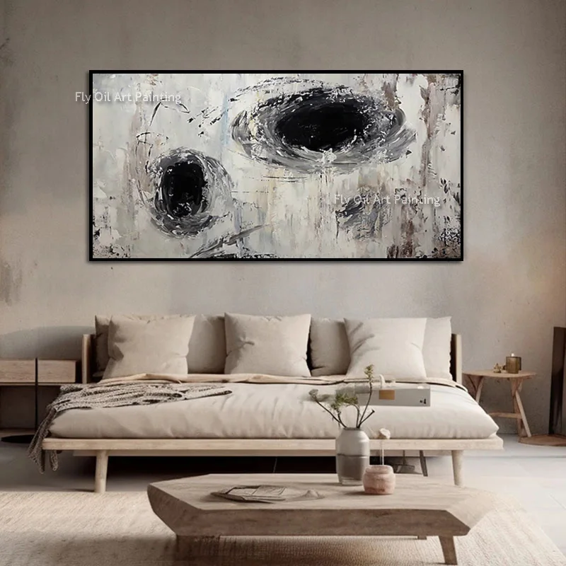 Original Handmade Swirl Abstract Oil Painting Neutral Simple Beige Black Thick Texture Canvas Art Modern Wabi Sabi Wall Decor
