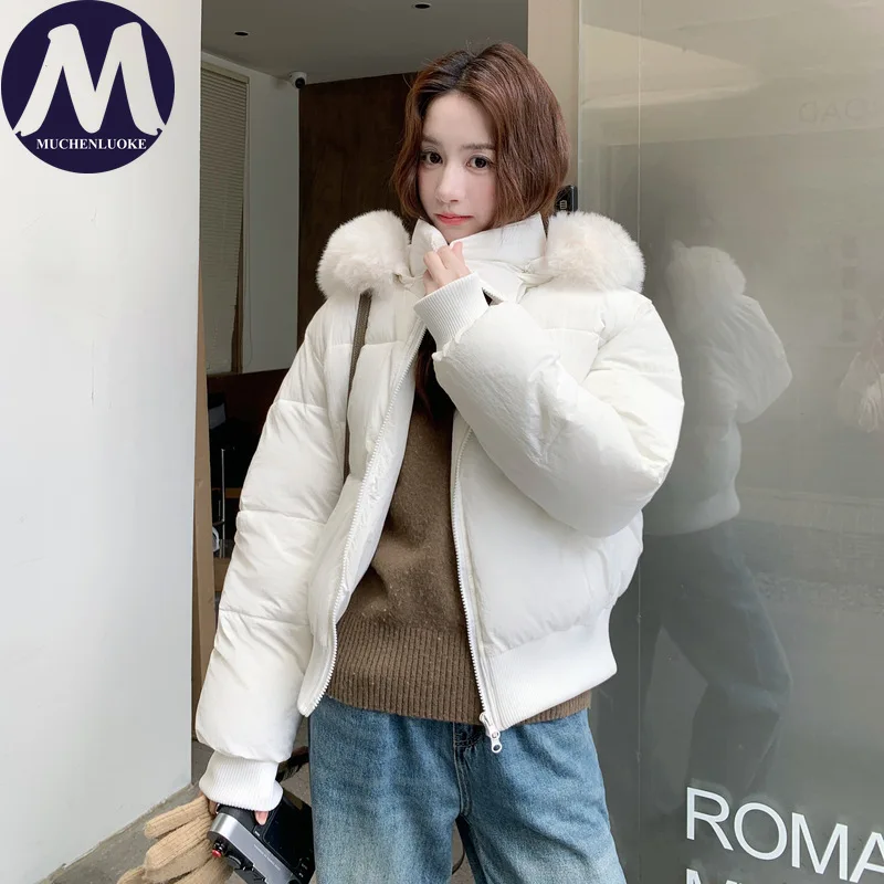 

Winter Jacket for Women New Elegant Long Sleeves Hooded Fur Collar Thicken Coat Korean Fashion Casual Loose Warm Short Parkas