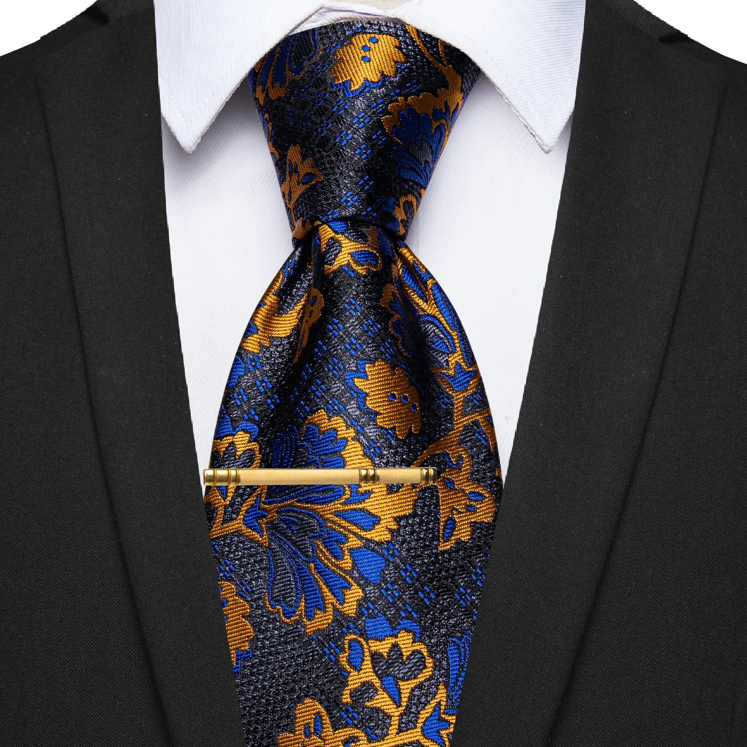 Corbata de seda de cachemir para hombre, conjunto de corbata de lujo con estampado Floral, dorado y azul, con Clip, a la moda, regalo de vacaciones