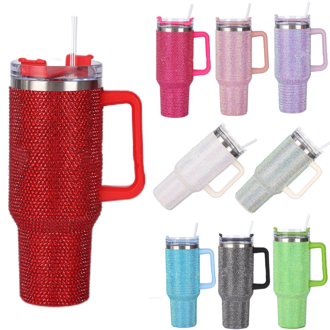 40oz Diamond Mug Tumbler With Handle Insulated Tumbler With Lids Straw Stainless Steel Coffee Tumbler Termos Cup