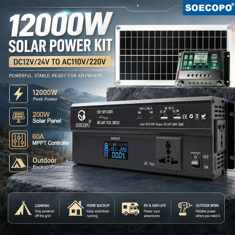 12000W Peak Solar Power Kit 200W Panel 60A MPPT Controller DC12V 24V to AC110V 220V Off‑Grid Inverter System for RV Camping Home