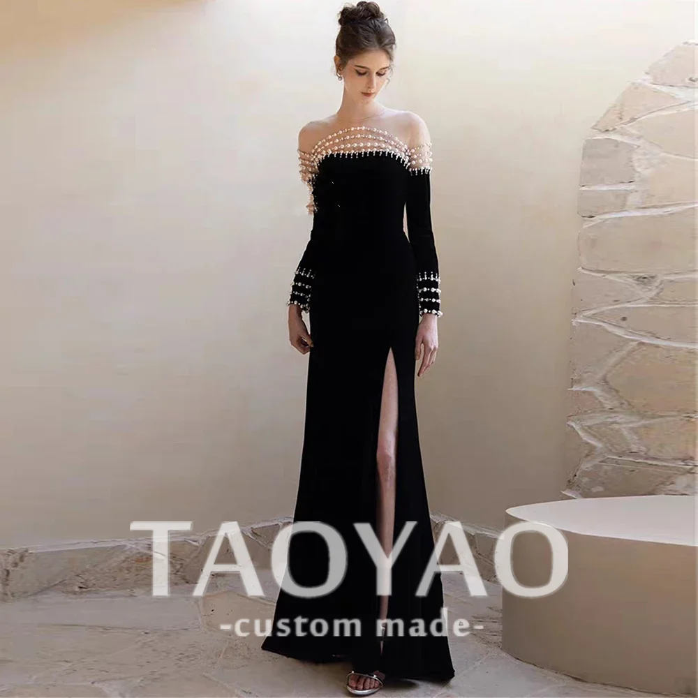 Elegant Black Evening Dresses O-Neck Ankle-Length Long Sleeves Wedding Party Dresses Beading Pearls Satin High Slit Prom Gowns