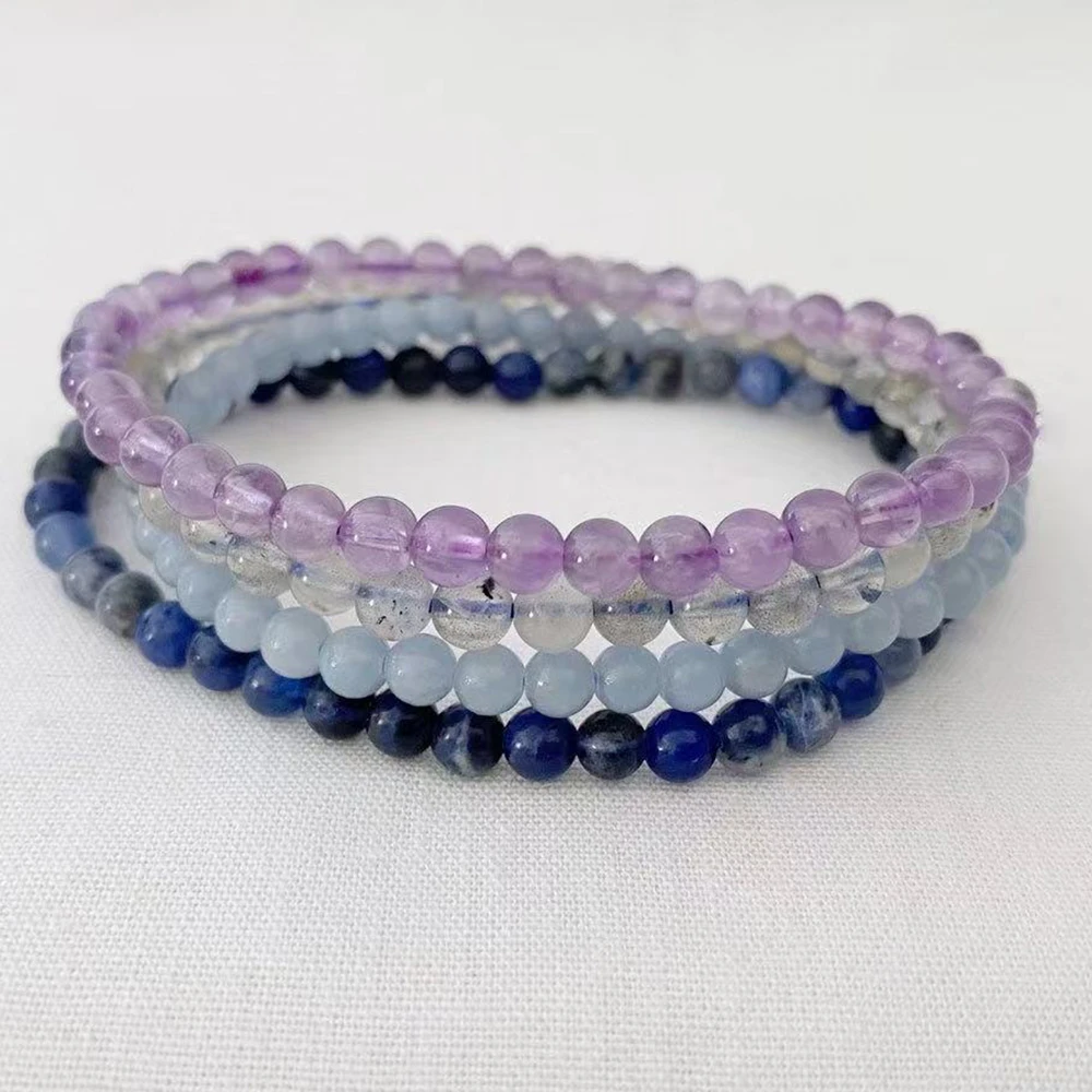 MG2246 4 MM Amethyst Blue Sodalite Anglite Stone Labradorite Bracelet Womens Pisces Zodiac Mini Gemstone Bracelet Set