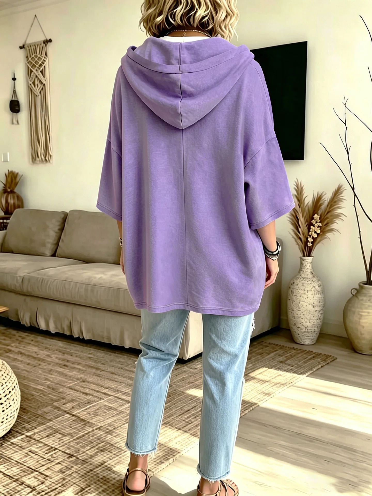 Einfarbiger Damen-Hoodie mit 3/4-Ärmeln, Lässiger Lockerer Pullover für Herbst und Winter – Detail 13