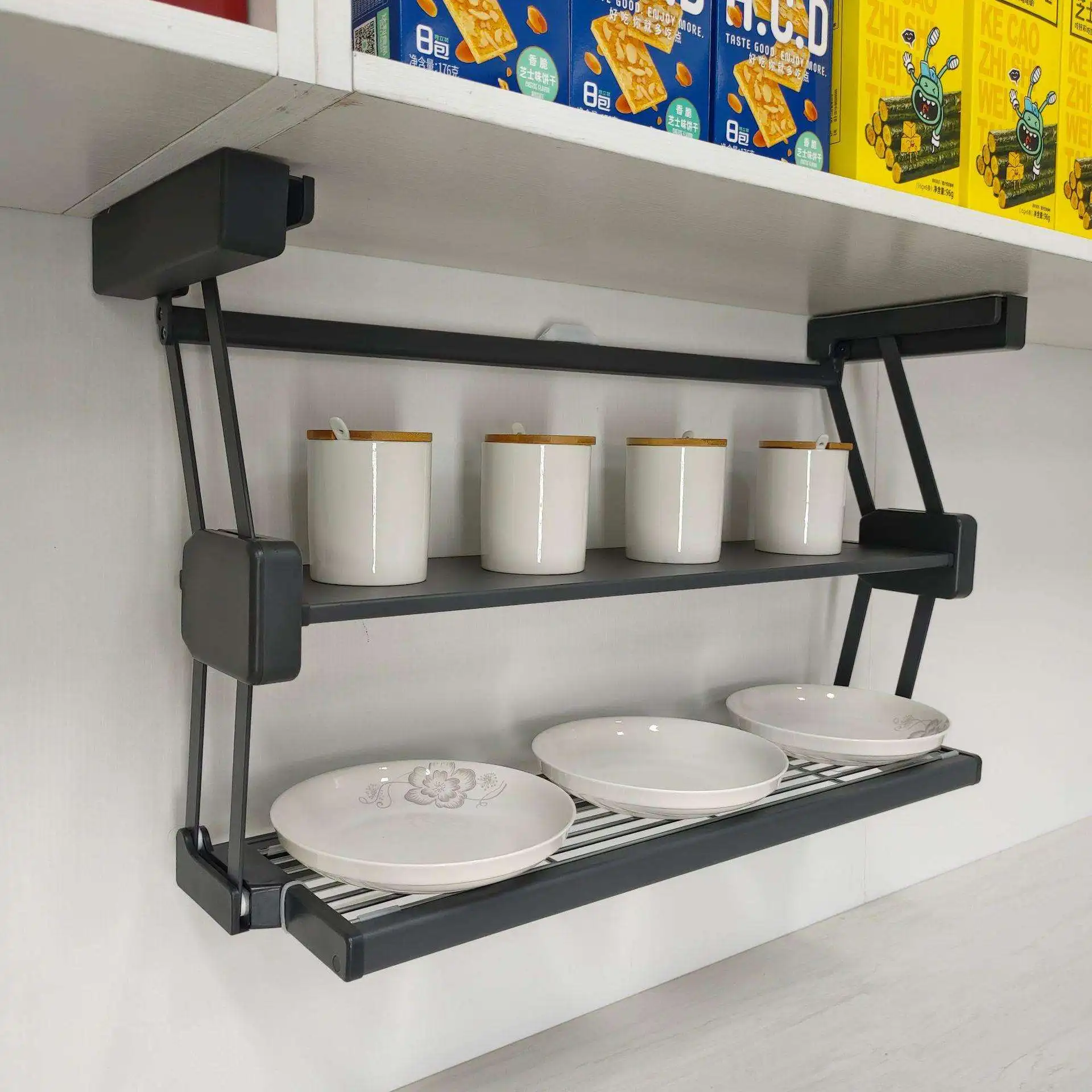 Kitchen hanging cinet pull-down lift basket folding rack preparation seasoning storage rack telescopic dish drain rack