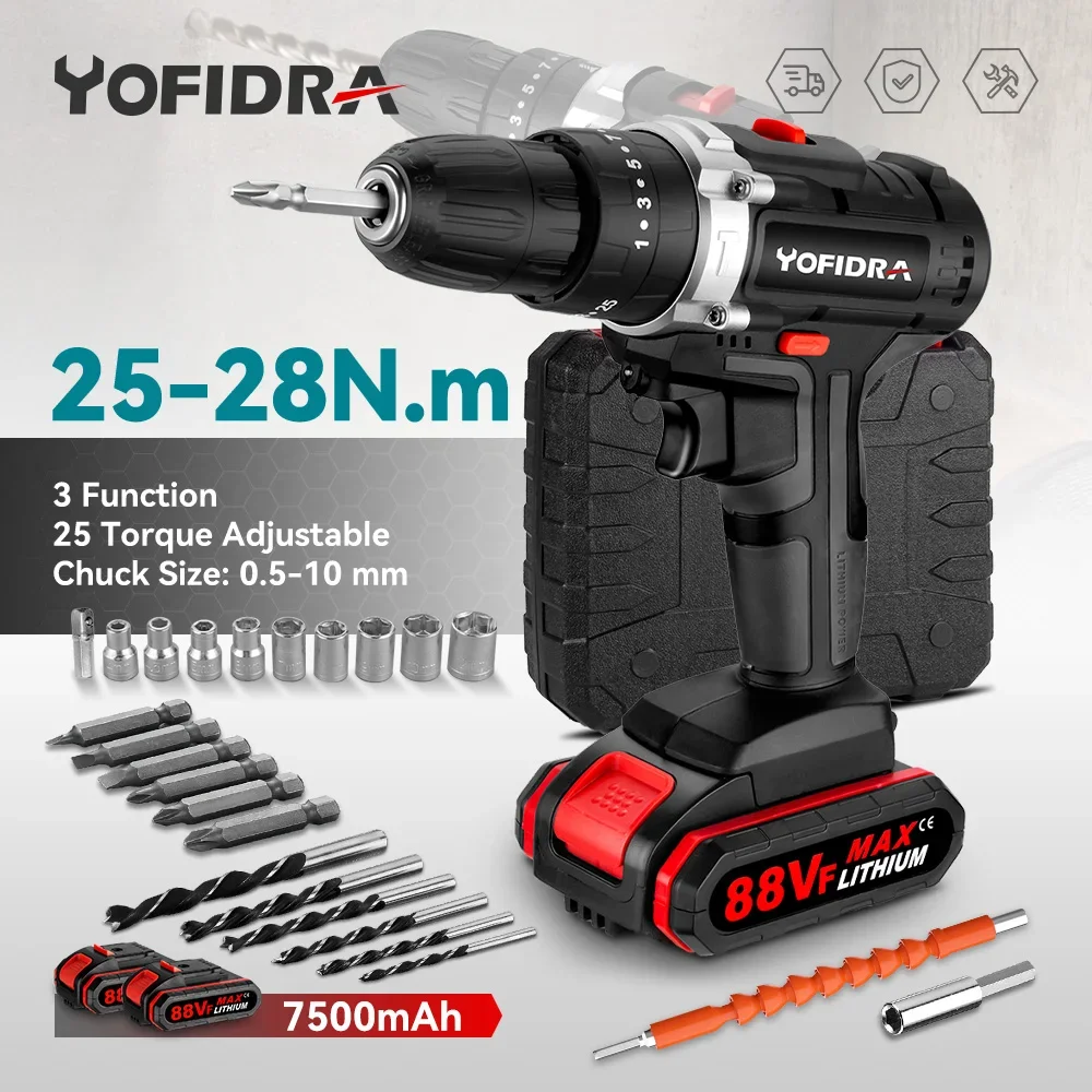 YOFIDRA Cordless Electric Impact Drill Screwdriver 25+3 Torque Efficient DIY Household Power Tool with 24pcs Accessories