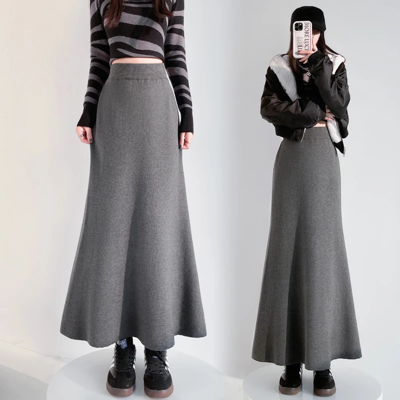 가을 겨울 니트 피테일 미디 스커트 다용도 슬림 여성 패션 캐주얼 슬레 스탠드 핏 A라인 스커트