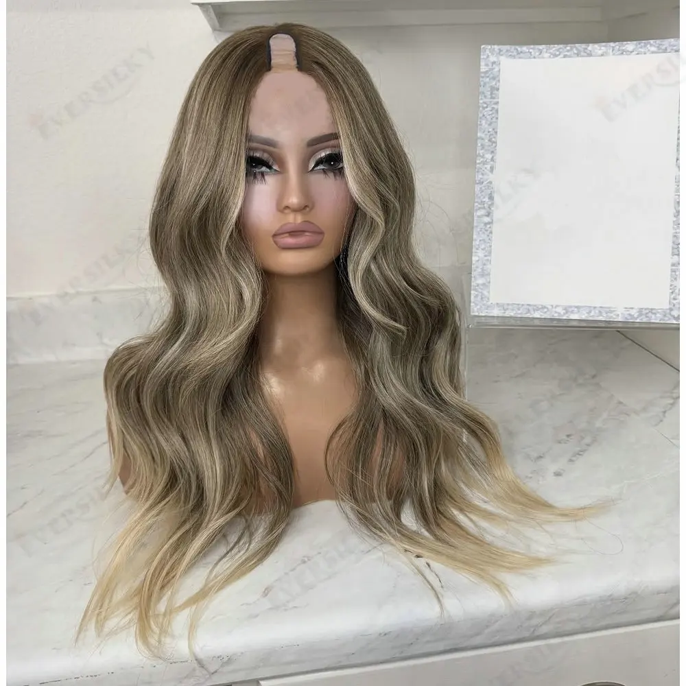 Peluca de cabello humano europeo de alta altura, Rubio ceniza oscuro, 1x4, parte en U, hecha a máquina, ajustable, sin pegamento, con apertura en V, fácil de usar
