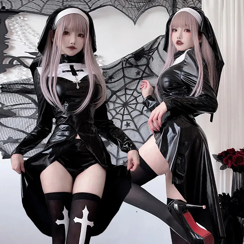 

Halloween Latex Nun Costumes Women Sexy Black Leather Bodysuit With Headwear Nun Cosplay Dress Outfits Carnival Party Clothes