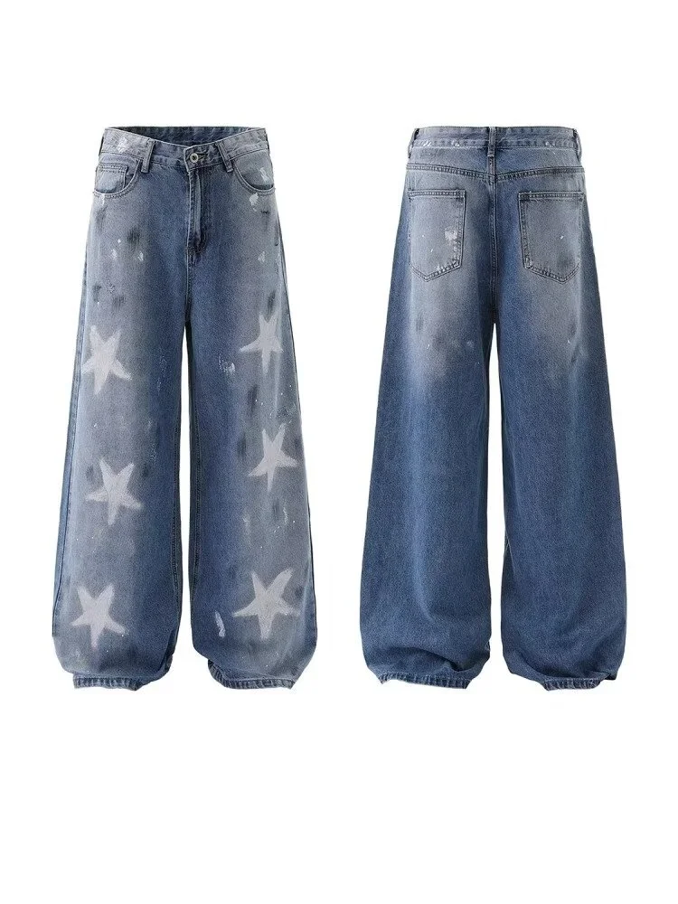 

Jeans American Style Men's Women's Denim Pants Straight Leg Distressed Paint Graffiti Star Pattern Jeans Loose Fit Men Clothing