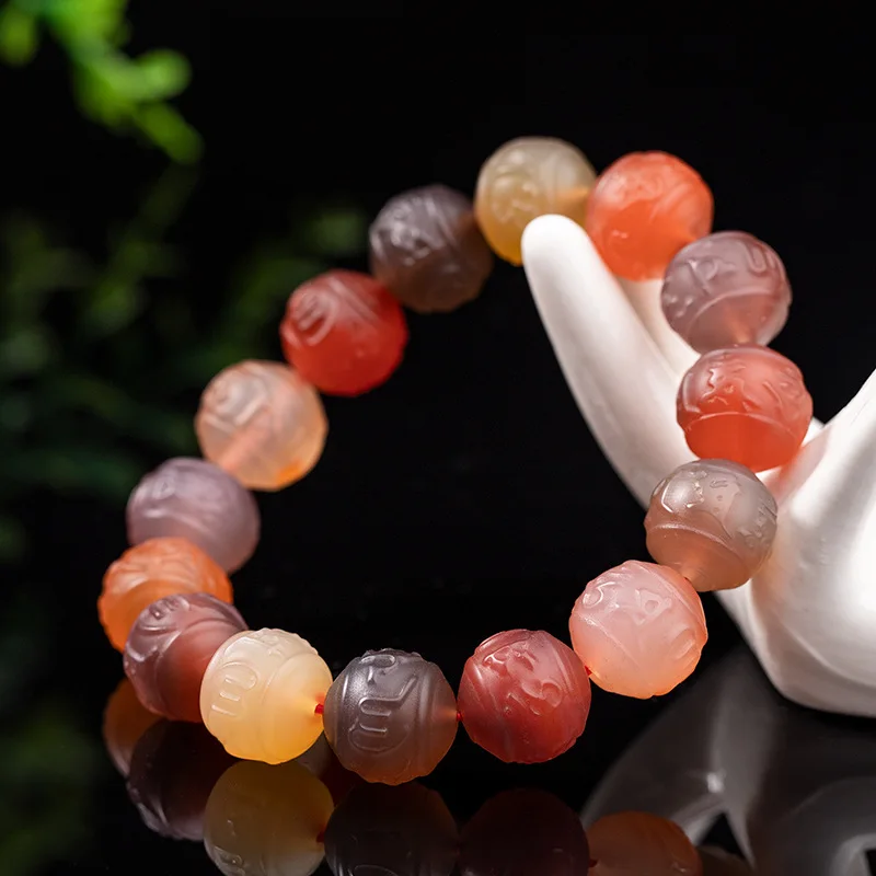 

Natural Yanyuan Six Words Mantra Frosted and Matte Agate round Beads Carved Single Circle Bracelet