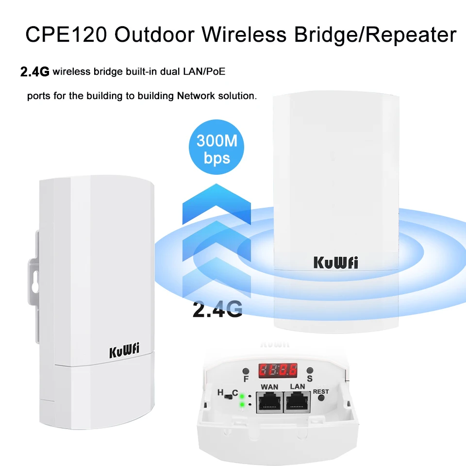 KuWfi Outdooor Wireless Wi-Fi Bridge 300Mbps CPE Bridge PTP Long Range Extender AP Repeater Mode 24V POE Lightning Protection