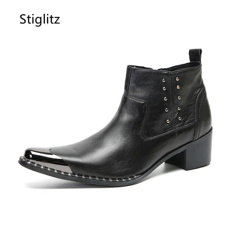 Black Rivet Leather Ankle Boots for Men Metal Toe Safety Shoes Man for Work Design Side Zipper High-Top Wedding Business Shoes